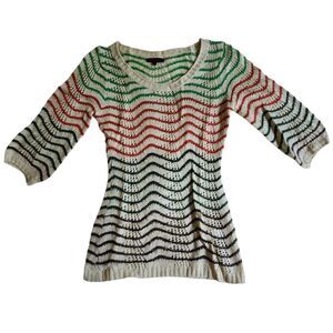 Lulumari Cream Red Green Multicolor Striped Knit Sweater 3/4 Sleeve Sz S